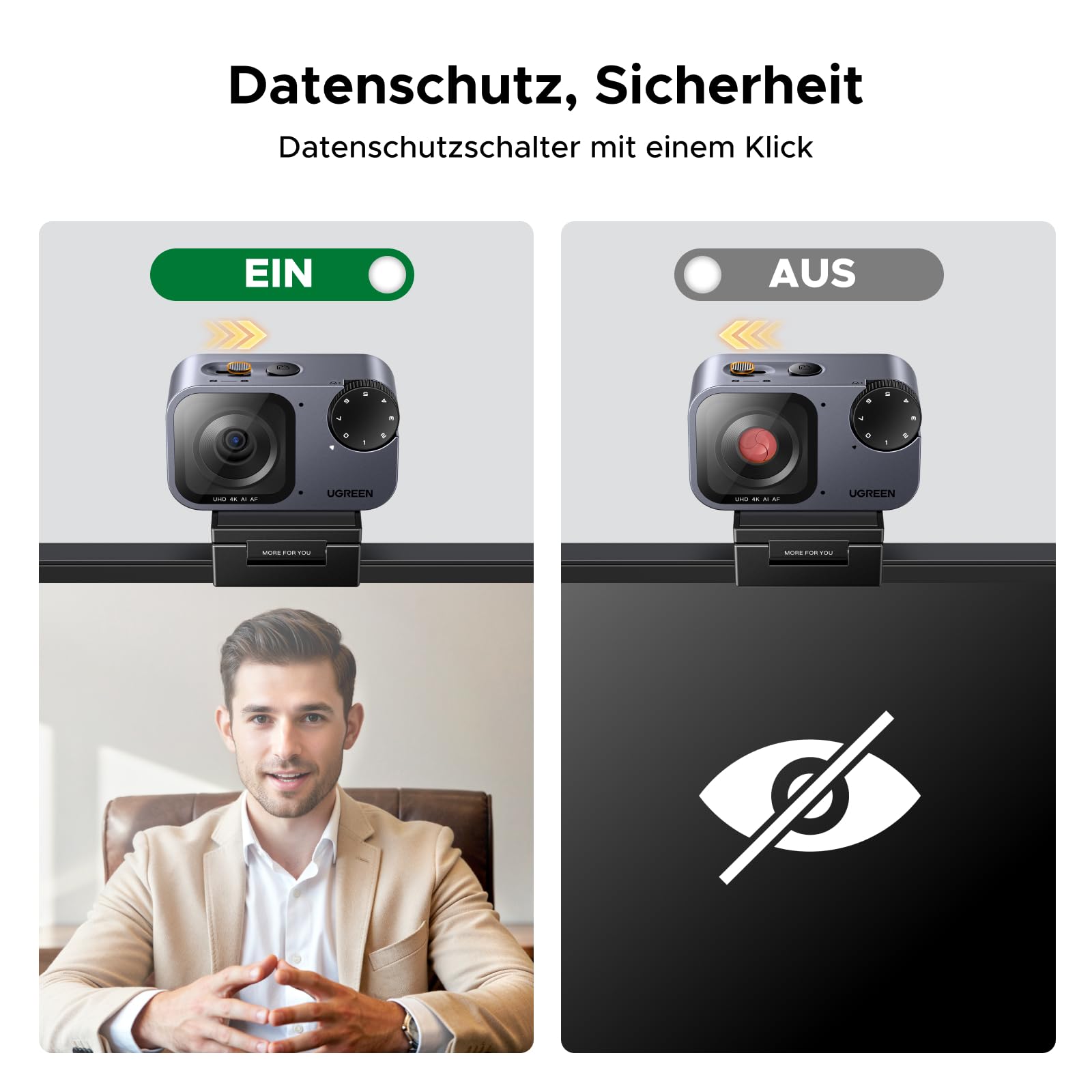 UGREEN FineCam Pro 4K Webcam mit 1/2" Sensor, AI Framing, KI-Gestensteuerung, 7 Filteroptionen, KI-Rauschunterdrückung, PDAF Autofokus, PC Kamera für Live-Streaming, Videokonferenzen, Zoom, Switch 2