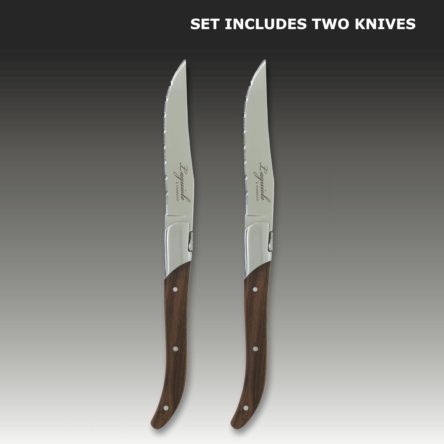 TopKnife Laguiole Steak Knife Set – Serrated Blade – Teak Handle - Set of 2Knives- Elegant wooden handle designed for an inviting table setting