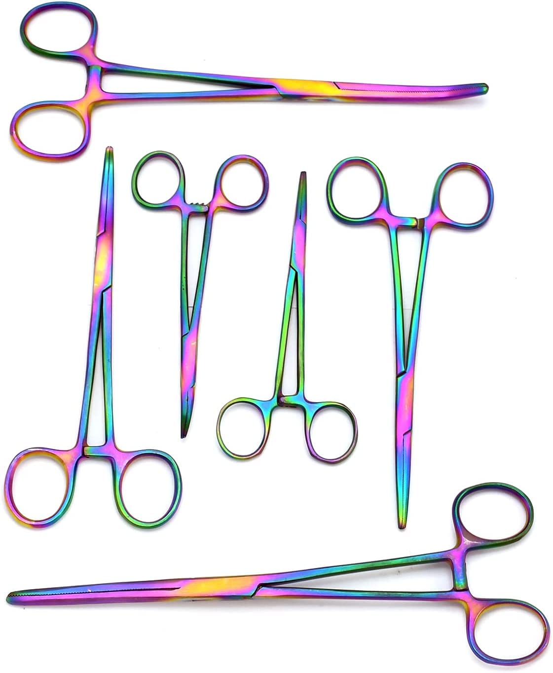 Premium Quality Ultimate Set of 6 Pcs Straight & Curved Hemostat Forceps Locking Clamps Stainless Steel Serrated Jaws for Better Grip-Ideal for Nurses, Fishing + More (Multi Color)
