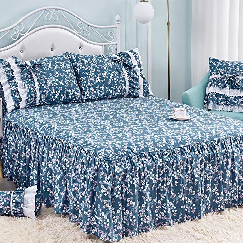 Fadfay Vintage Floral Dovet Cover Set Elegant And Shabby Blue Farmhouse Bedding White Lace Ruffle Princess Girls Bedding 100% Cotton Ultra Soft Korean Bedding With Bedskirt, Twin Extra Long Size #TOP2