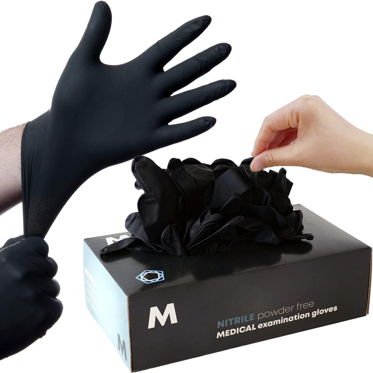 Black Disposable Nitrile Gloves, Multipurpose, Medical Exam Gloves, Chemical Resistant, Powder-Free, Latex-Free, Puncture-Resistant, Food Safe, Cleaning, Tattoo, Box of 100 Gloves (500, MEDIUM)