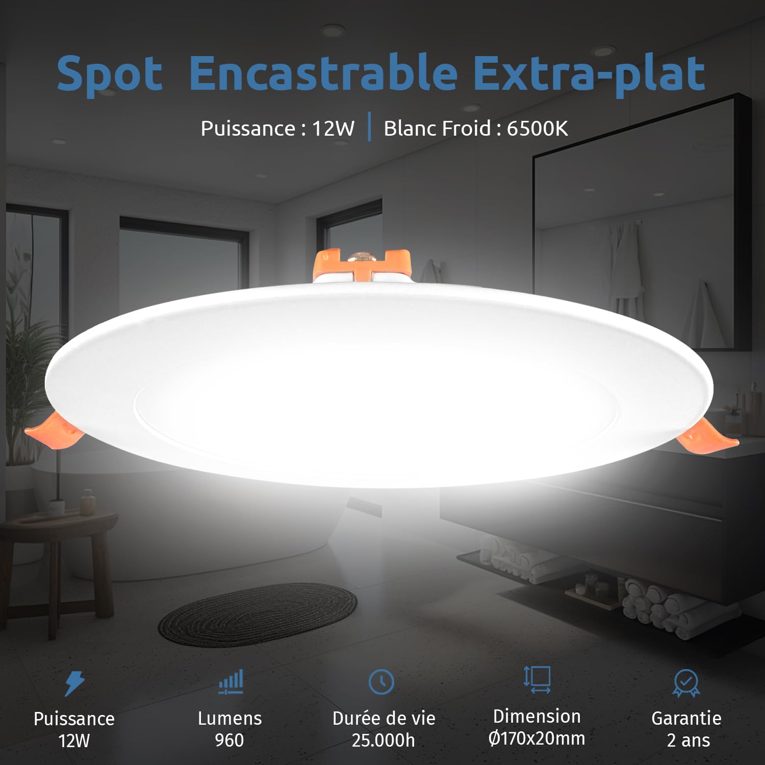 Europalamp - Spot Encastrable LED 12W Rond Extra-Plat Blanc (6000K - Blanc froid, 10)