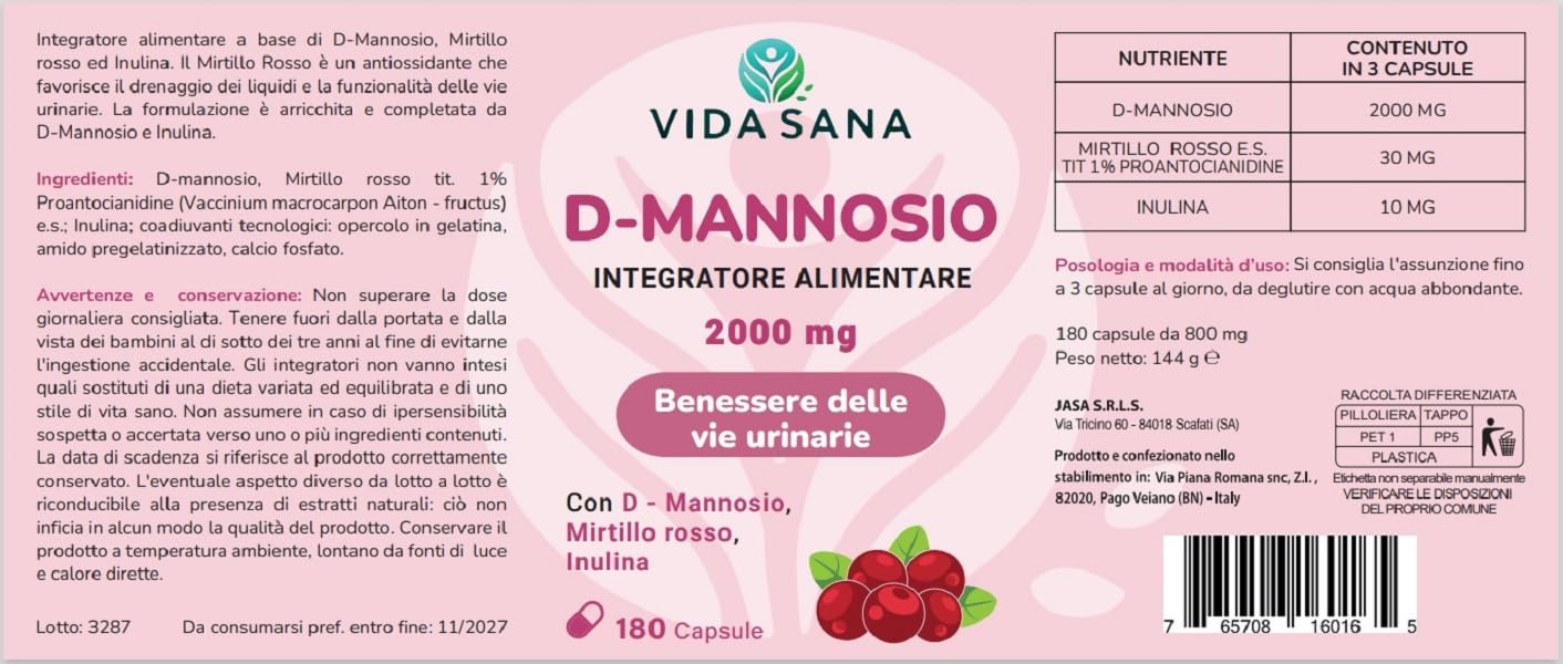 D-Mannosio Puro 2200 mg con Mirtillo Rosso – 180 Capsule | Integratore Donna e uomo per Vie Urinarie e Cistite | Supporto contro Candida e Infezioni Urinarie