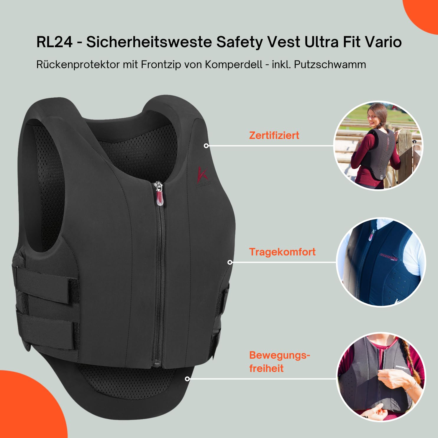 RL24 - Sicherheitsweste Safety Vest Ultra Fit Vario von Komperdell – Rückenprotektor m. Frontzip – Schwarze Protektorenweste – Unisex Schutzweste inkl. Putzschwamm – Gr. XS - XL