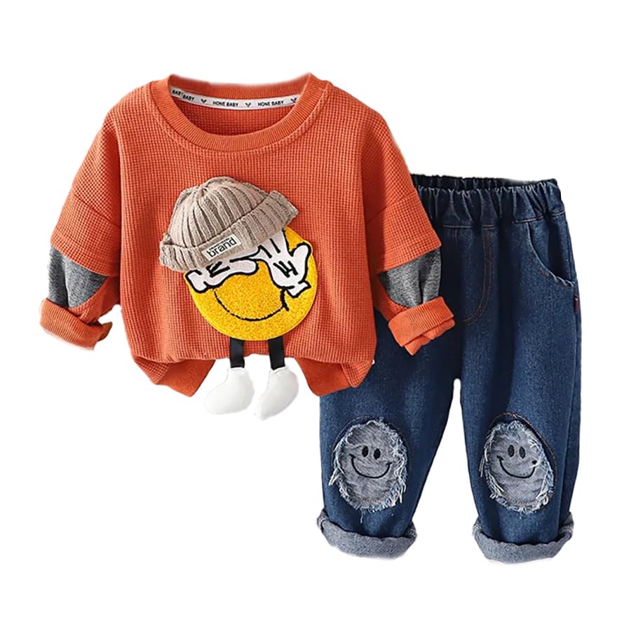 Bold N Elegant Cotton Kids Full Length Uptown Sweatshirt With 3D Smiley Patch And Jeans Party Dress Set For Infant Toddler... - Review, Price and Buying Guide