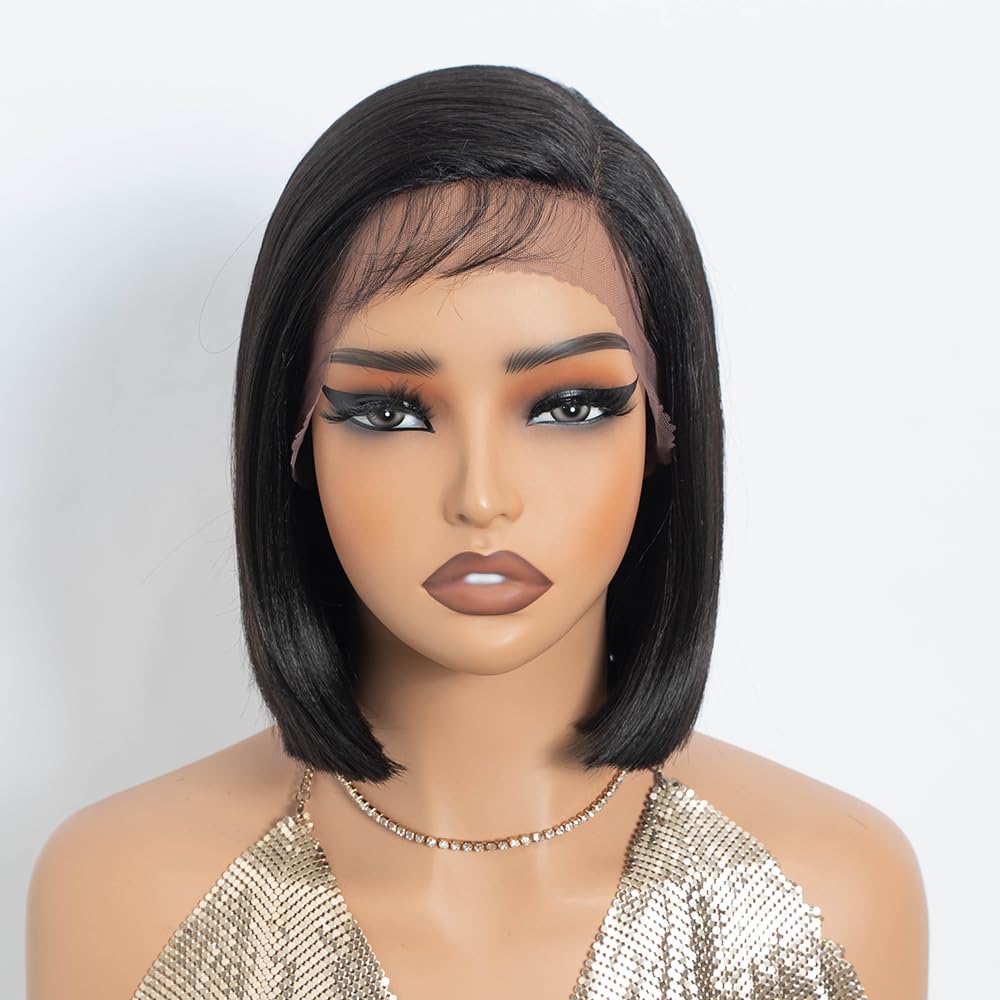 NOBLE Lace Front Bob Wigs Side Part Straight Bob Wig Dark Brown Short Wig 10 Inch Side Part Black Wigs for Women Daily Wear