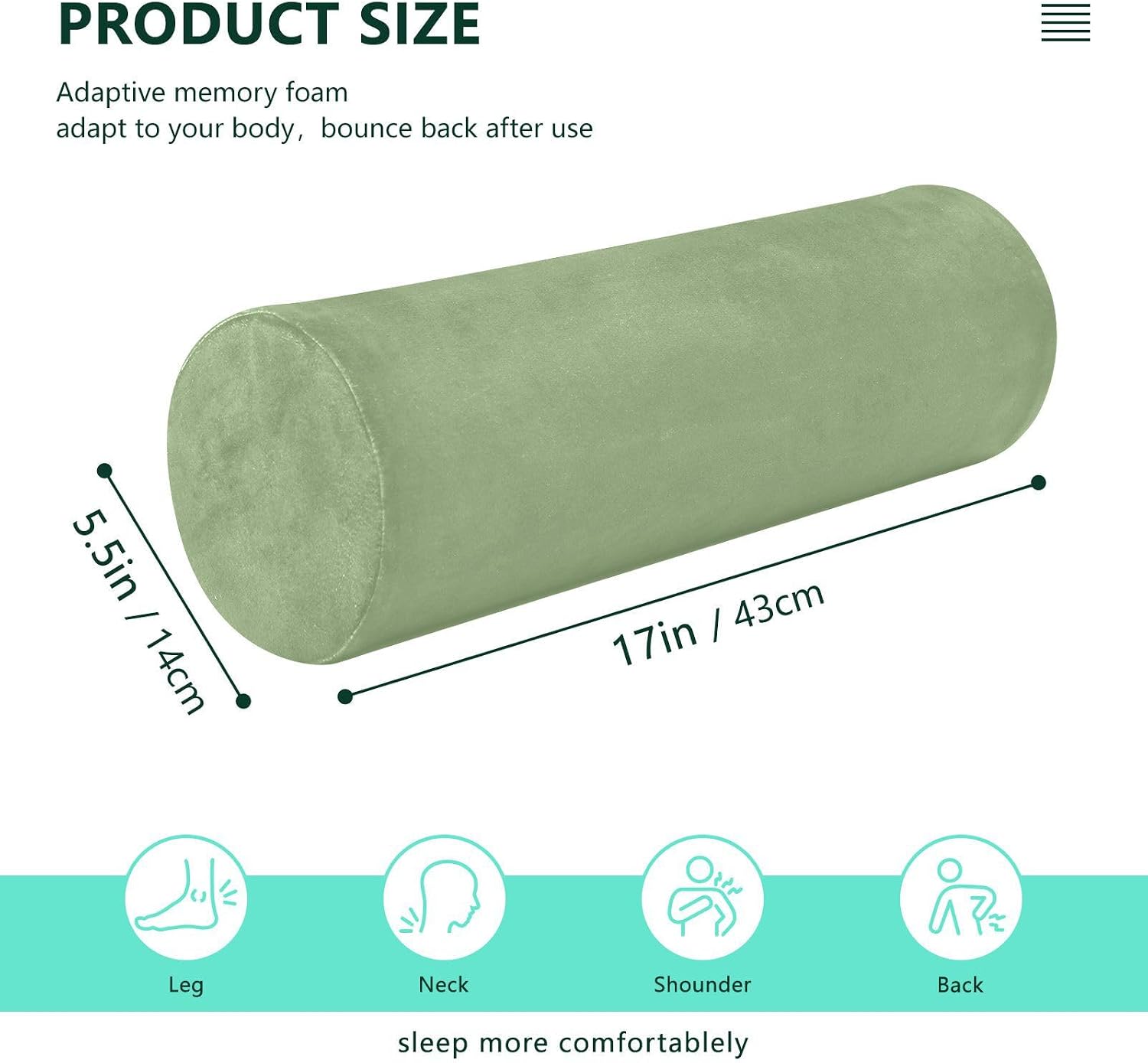 YETTASBIN Sage Green Solid Color Cylinder Round Pillow for Neck Pain Relief, Soft Breathable Bolster Travel Memory Foam Pillow with Removable Washable Cover for Bed Sleeping, Head, Legs and Back
