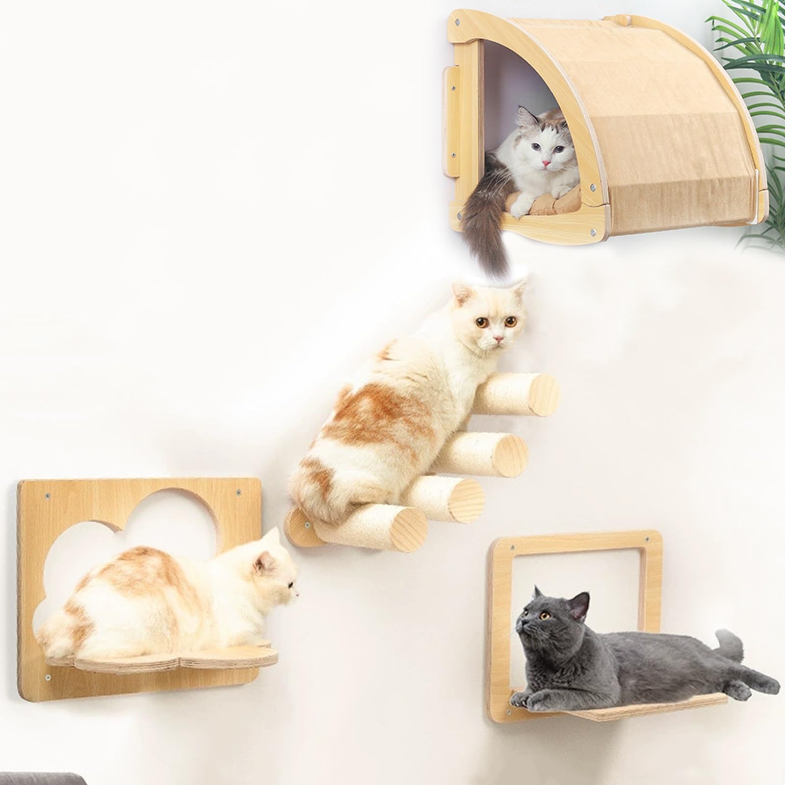 Albero per Gatti, Set di Tiragraffi da Parete, Parete da Arrampicata in Legno da 4 Pezzi con Rivestimento in Peluche Salvaspazio per Dormire e Giocare