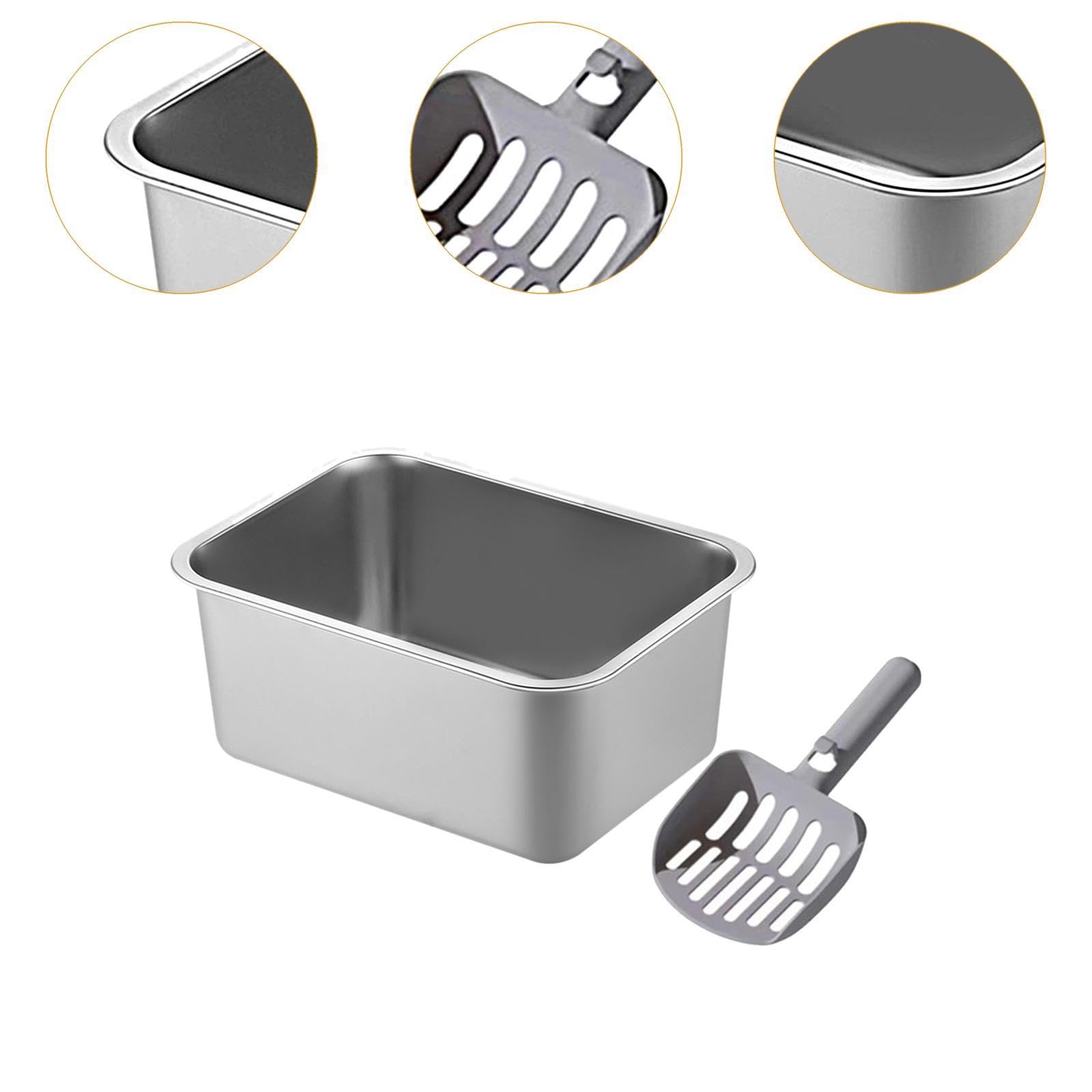 Bandeja de Arena para Gatos, Pala y arenero de Acero Inoxidable, Inodoro con Bordes Altos