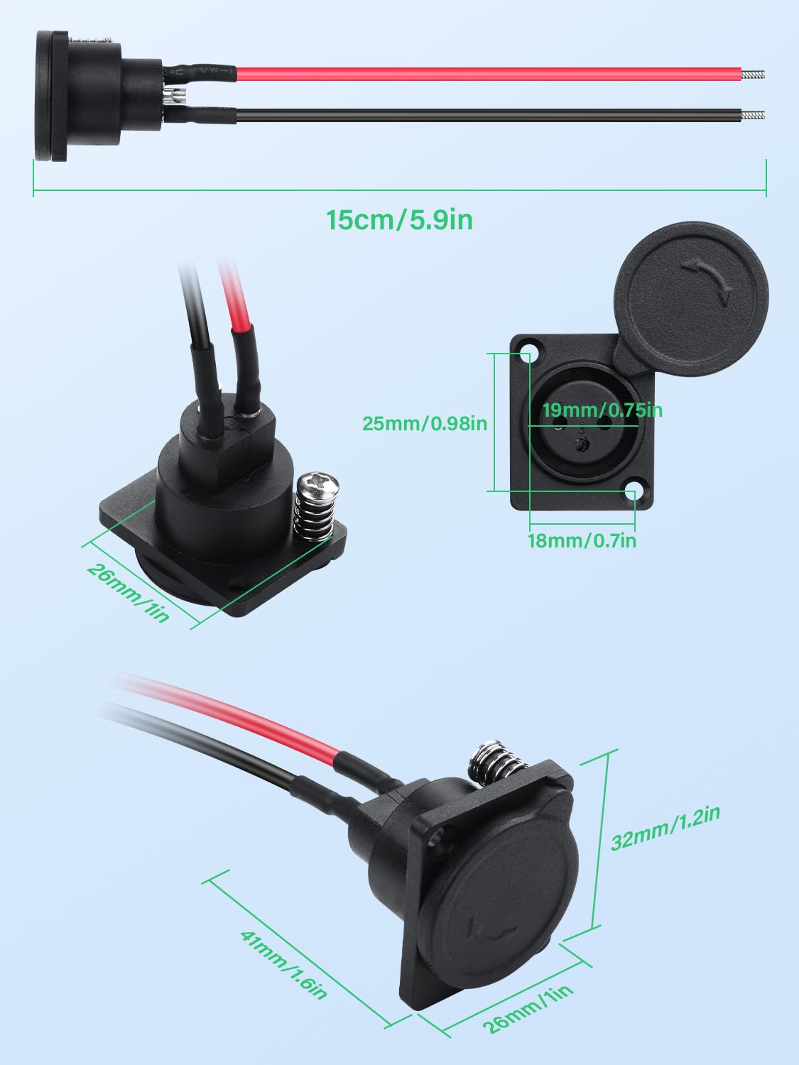 XLR Charging Port Socket，3Pin XLR FemaleCharging Port Socket Replacement with Waterproof Cover Compatible with Motorcycle,Electric Scooter,Balance Bike Etc (2pack)