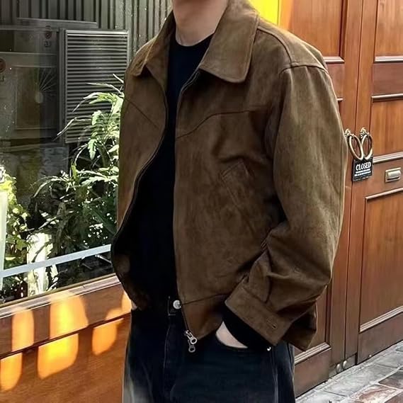 Feegow Men's Suede Cropped Lapel Loose Jacket Vintage Maillard Style Casual Coat for Spring and Autumn with Regular Length and Long Sleeve, Brown(M Brown)