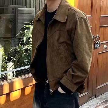 Feegow Men's Suede Cropped Lapel Loose Jacket Vintage Maillard Style Casual Coat for Spring and Autumn with Regular Length and Long Sleeve, Brown(M Brown)