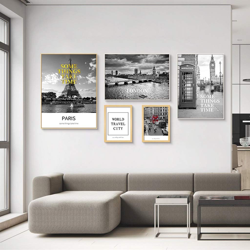 HHGO-01 5 Piece Canvas Wall Art Decorations Set, London New York Paris City Architecture Black and White Poster Painting, Modern Wall Decor for Living Room Bedroom Kitchen Office