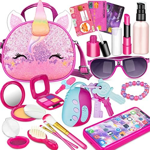 Mozok Kids Makeup Kit for Girls, 18 Pcs Pretend Makeup Play Set with Unicorn Cosmetic Bag, Kids Dress Up Purse Little Girls Toys for 3 4 5 6 7 8 9 10 Years Old Girls Toddlers Birthday