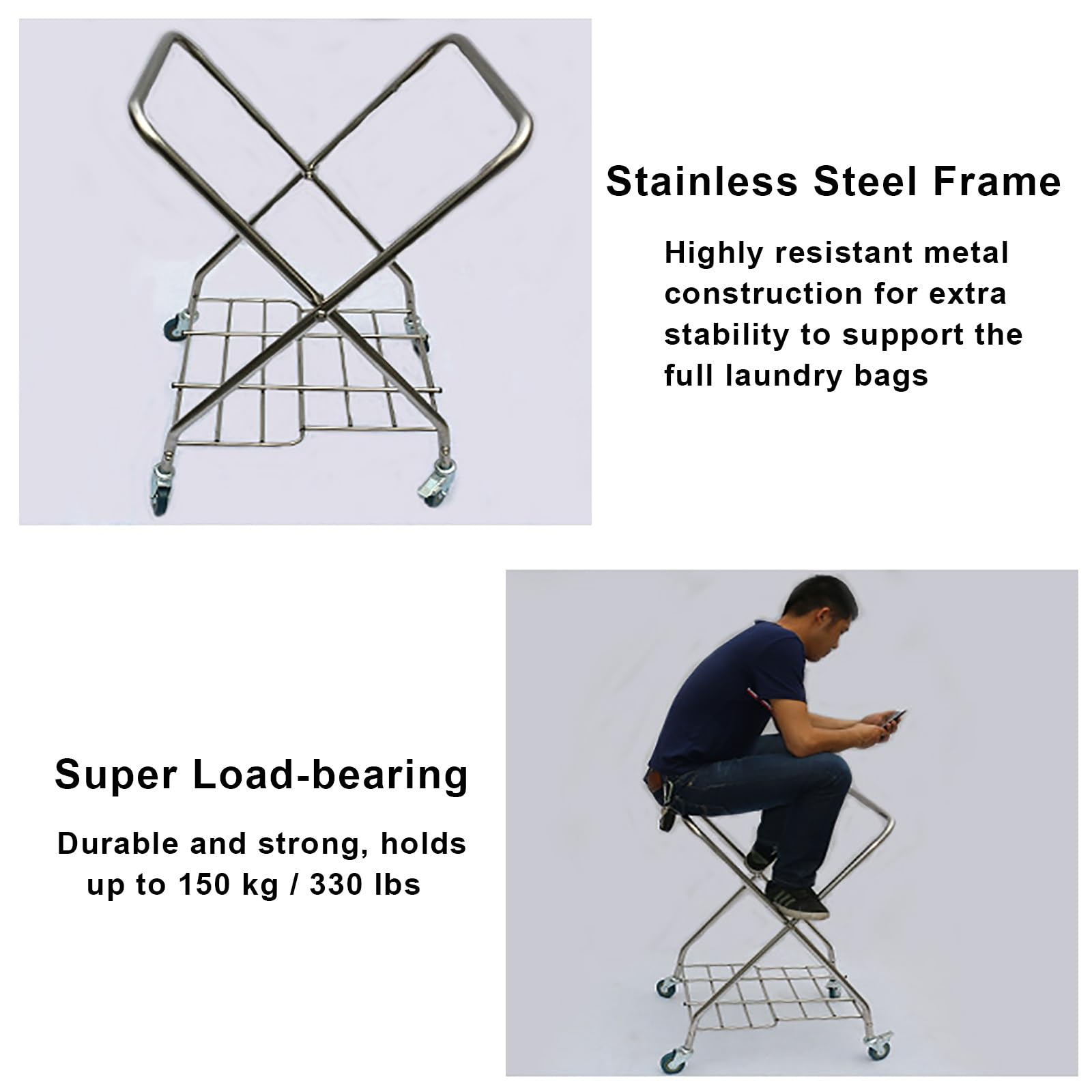 Carrito de Lavandería Plegable, Carrito Rodante para Ropa Blanca de Hotel, Carro Industrial Plegable en Forma de X con Bolsa Extraíble, para Organizar Ropa, Juguetes y Artículos Diversos(Blue)