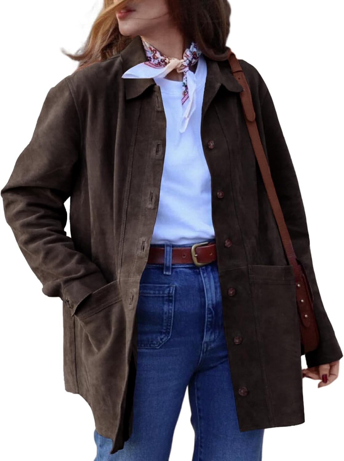 Tankaneo Womens Faux Suede Shirts Jackets Casual Button Down Long Sleeve Shackets Coat Trendy 2025 Spring Clothes - Image 2