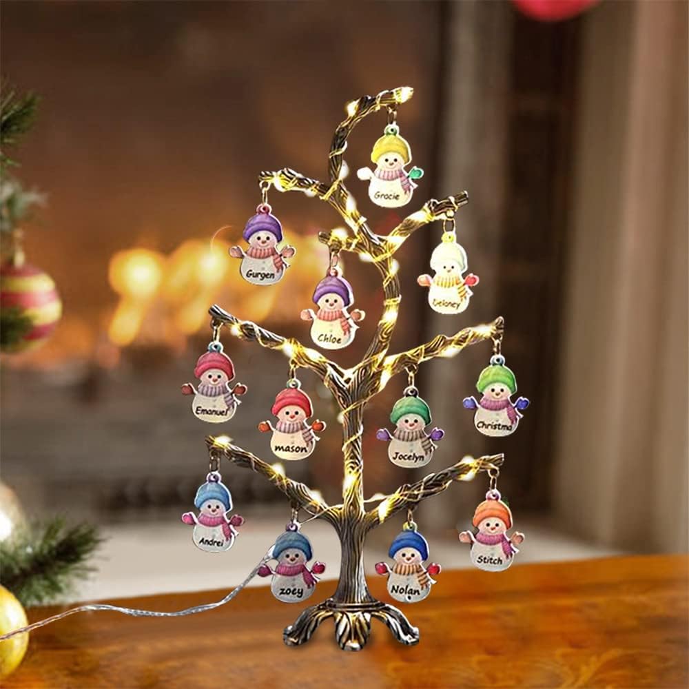 Personalized Name Metal Christmas Snowman tree Light Custom Family LED Snowman Tree Tabletop Metal Christmas Tree Lamp Xmas Tree Lights Christmas Decoration Gifts for FAamily Nana Mom Grandma (Black)