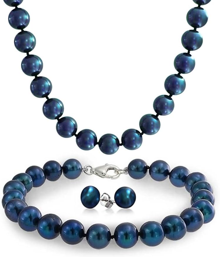Iridescent Peacock Blue Black or White Hand Knotted Freshwater Cultured Pearl Strand Necklace 18 Inch Bracelet 7.5-8 Inch Ball Earrings 3PCS Jewelry Set For Women