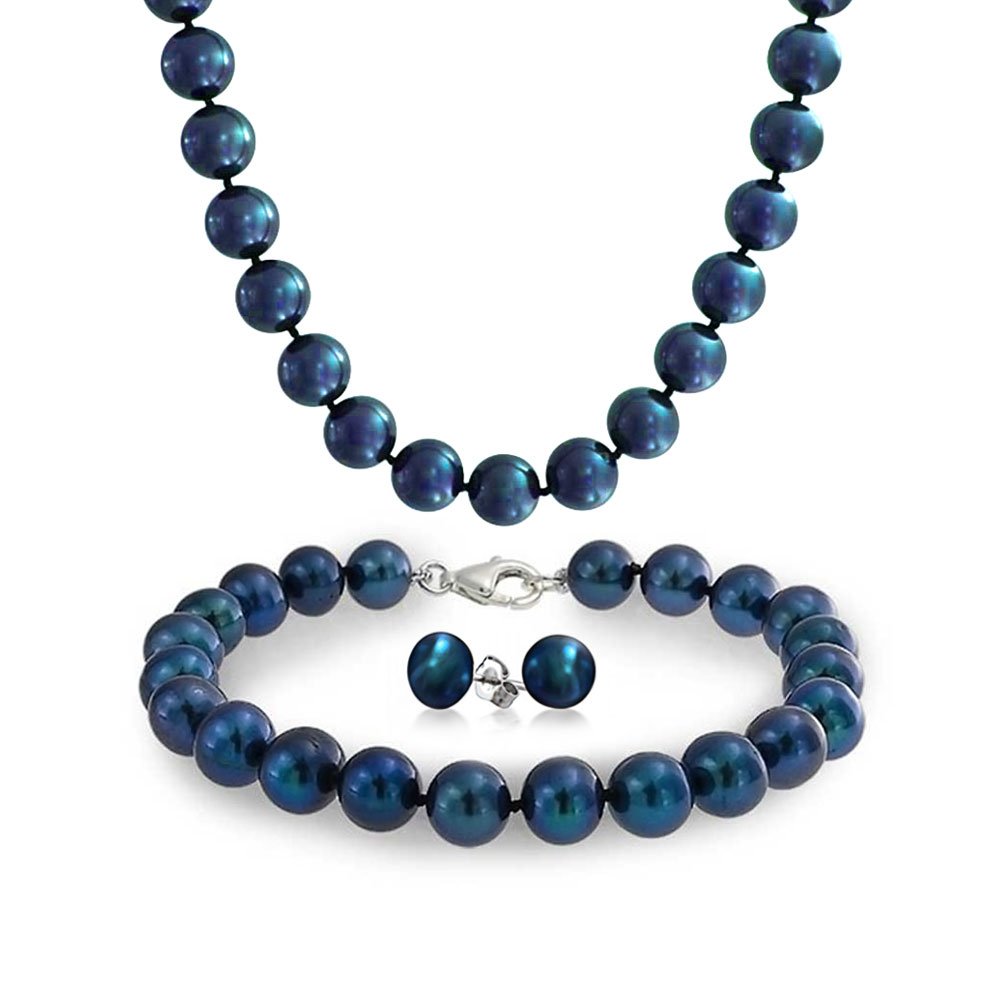 Collar De Perlas Cultivadas De Agua Dulce Anudadas A Mano En Azul Pavo Real Iridiscente Negro O Blanco De 18 Pulgadas Pulsera De 7.5-8 Pulgadas Pendientes De Bola Juego De Joyas 3 Piezas Para Mujeres