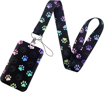 Cute Paw Pattern Lanyard with ID Badge Holder, Vertical Plastic Card Holder with Neck & Wrist Silky Lanyards, Puppy Paw Lanyard with Keychain for Kids, Girls, Women