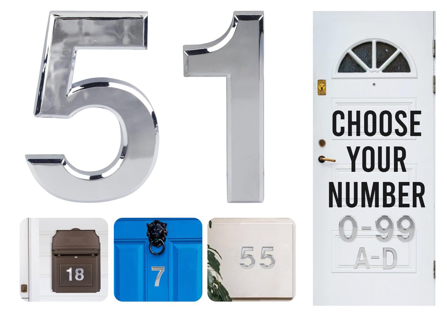 Silver Door Numbers Stick On, 0-99, Letters A, B, C, D, 3'' House Numbers Self Adhesive Stickers, For Doors, Mail Boxes, Hotel Rooms (51)