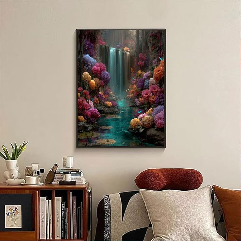 Krajobraz Wodospad Kwiaty Diamentowe Malowanie Zestawy Dorosłych, 5D Okrągłe Wiertło Diamentowe Malarstwo Dzieci Malarstwo, Diamant Art Haft Cross Stitch Obrazy, Mozaika Sztuka Do Dekoracji Ściany