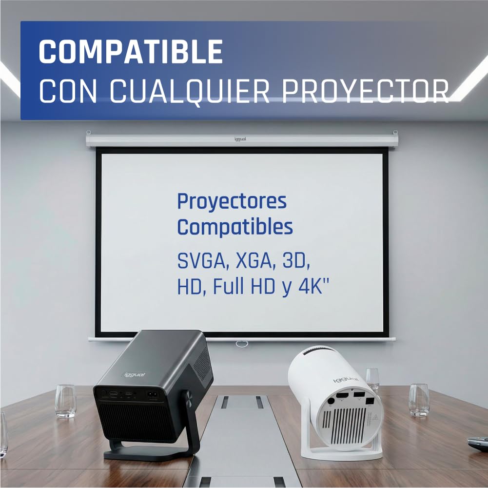 Iggual Pantalla Proyección 110" Pulgadas Eléctrica Enrollable -Panorámica 16:9 -Caída Ajustable -Mando Distancia e Interruptor Aux- Apto Pared/Techo -Compatible 4k y Cualquier Proyector (243x137 cm)