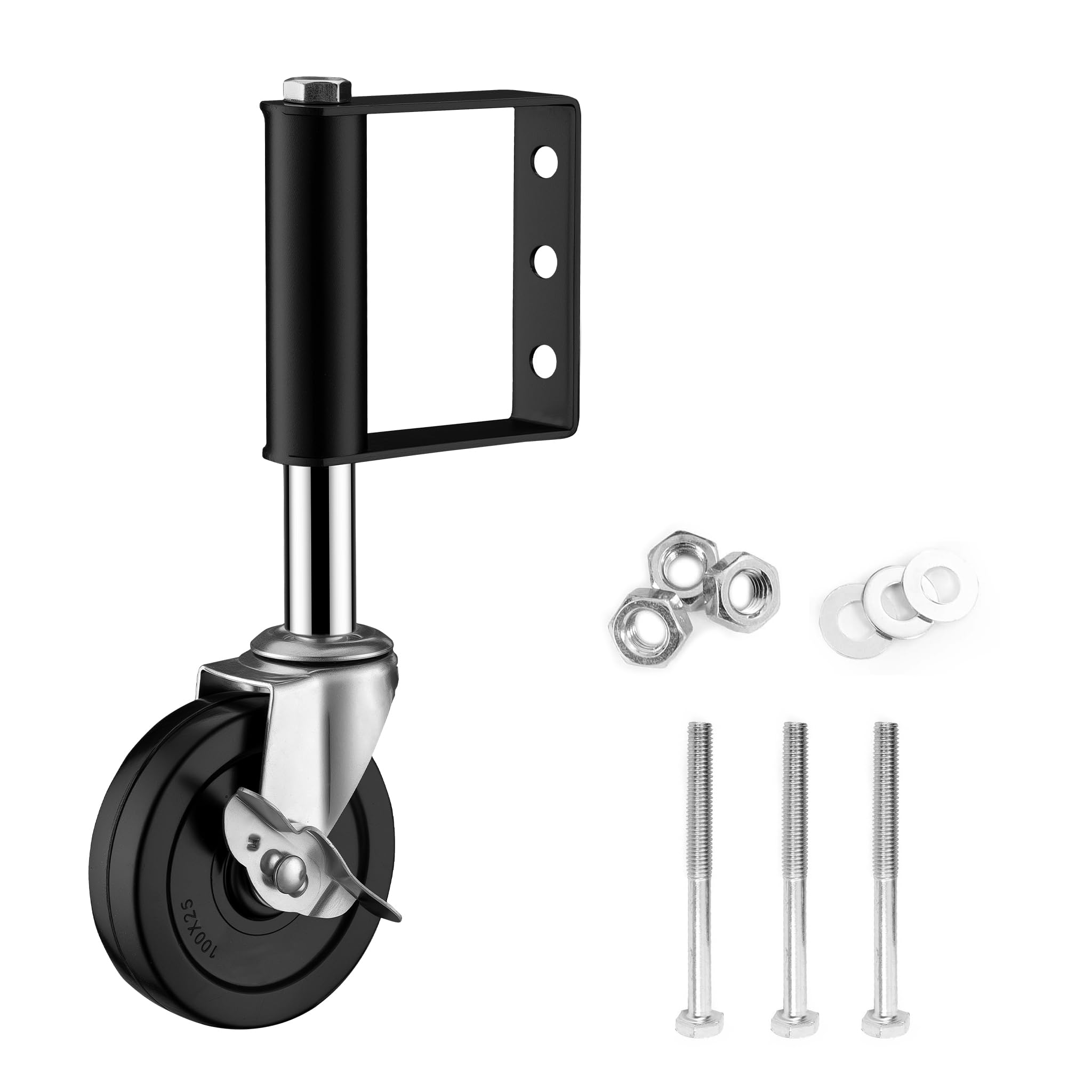 Wiltec Roulette de portail – 100 mm, capacité max. 100 kg – en Caoutchouc et Acier – avec vis de montage et frein – Roue de porte