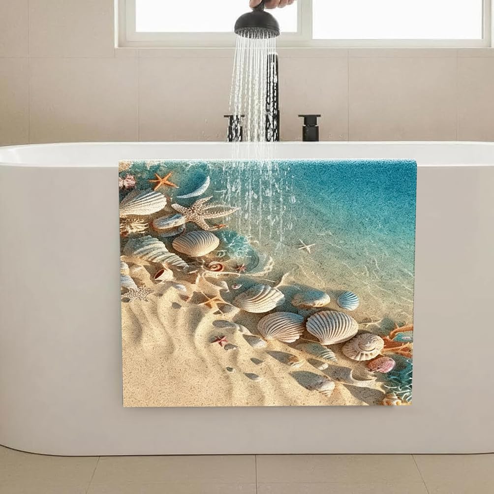 Alfombra Bañera Antideslizante 140X160 cm Motivo de Concha de Estrella de mar Lufa PVC Sin Ventosas con Orificios de Drenaje Secado Rápido para Baño cabinas de Ducha y Bañera