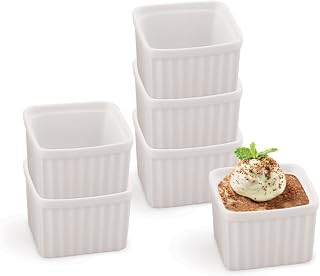 HIC Kitchen Square Souffle Ramekin Set, Fine Porcelain, 5-Ounce, Set of 4