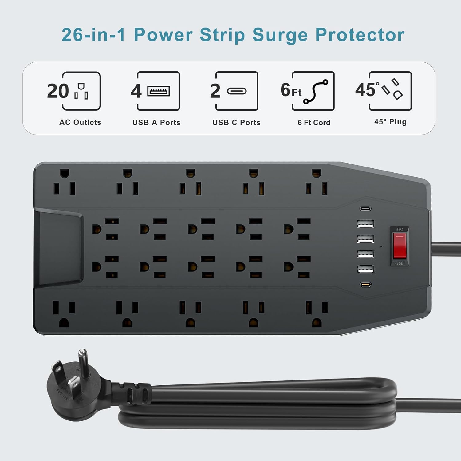 Surge Protector Power Strip with 20 AC Outlets, 6 USB Ports (2 USB C), 1875W/15A, 2000J, 6.5FT Flat Plug Heavy Duty Extension Cord with 2 Wall Mount Holes for Home, Office, Gaming Room