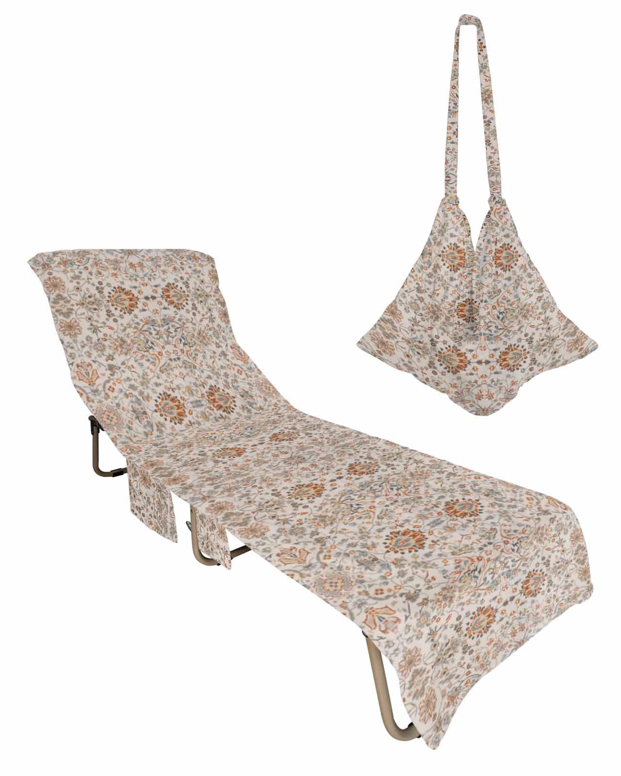 Boho Flower Beach Lounge Chair Towel Cover, Soft Chaise Lounge Towel with Side Pockets Patio Pool Chairs Cover for Beach/Pool Sunbathing 29x85 Vintage Ethnic Mandala Floral Boho