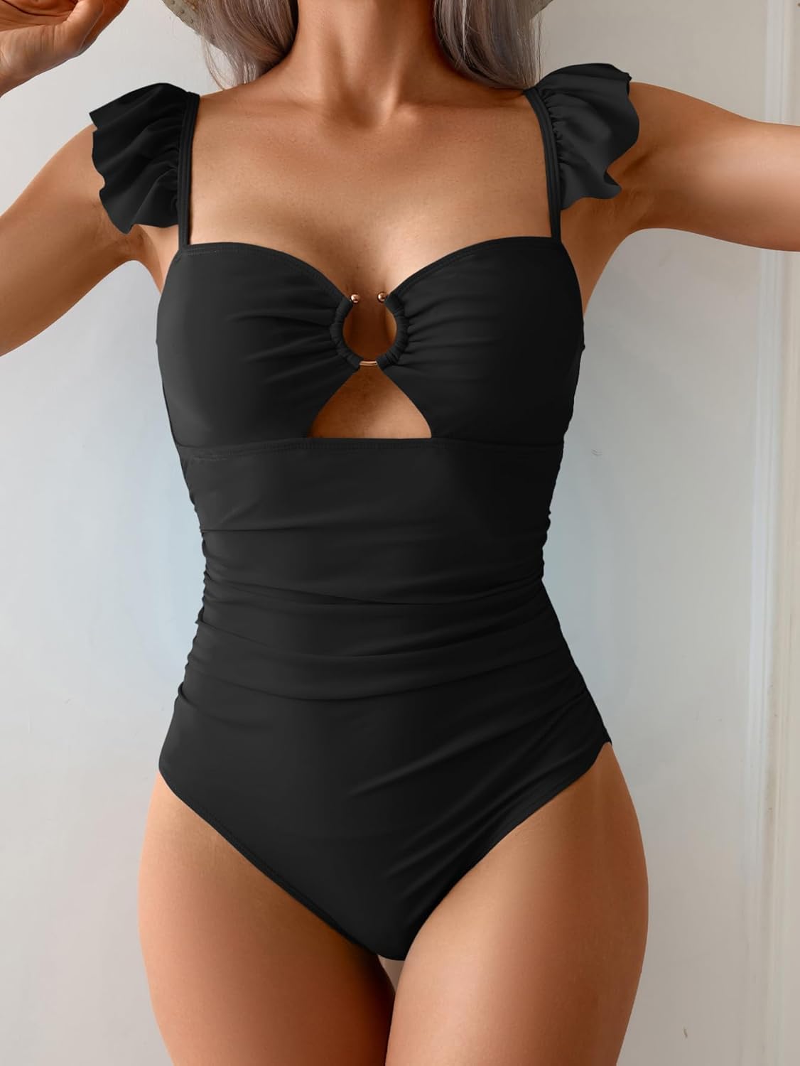 Eomenie Women's One Piece Swimsuit Tummy Control Bathing Suit Ruffle Cutout Slimming Swimwear - Image 3