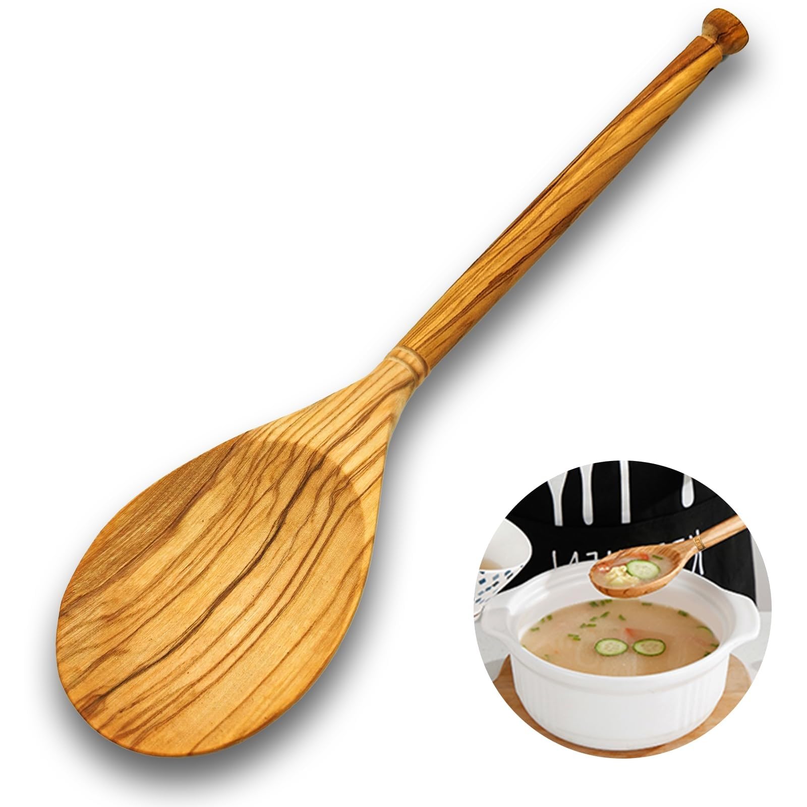 Cucchiaio in Legno D'ulivo, Cucchiaio in Legno Grande con Manico Lungo per Cucinare, Cucchiaio da Cucina Rotondo, Cucchiai da Portata per Mescolare E Servire in Cucina(A)