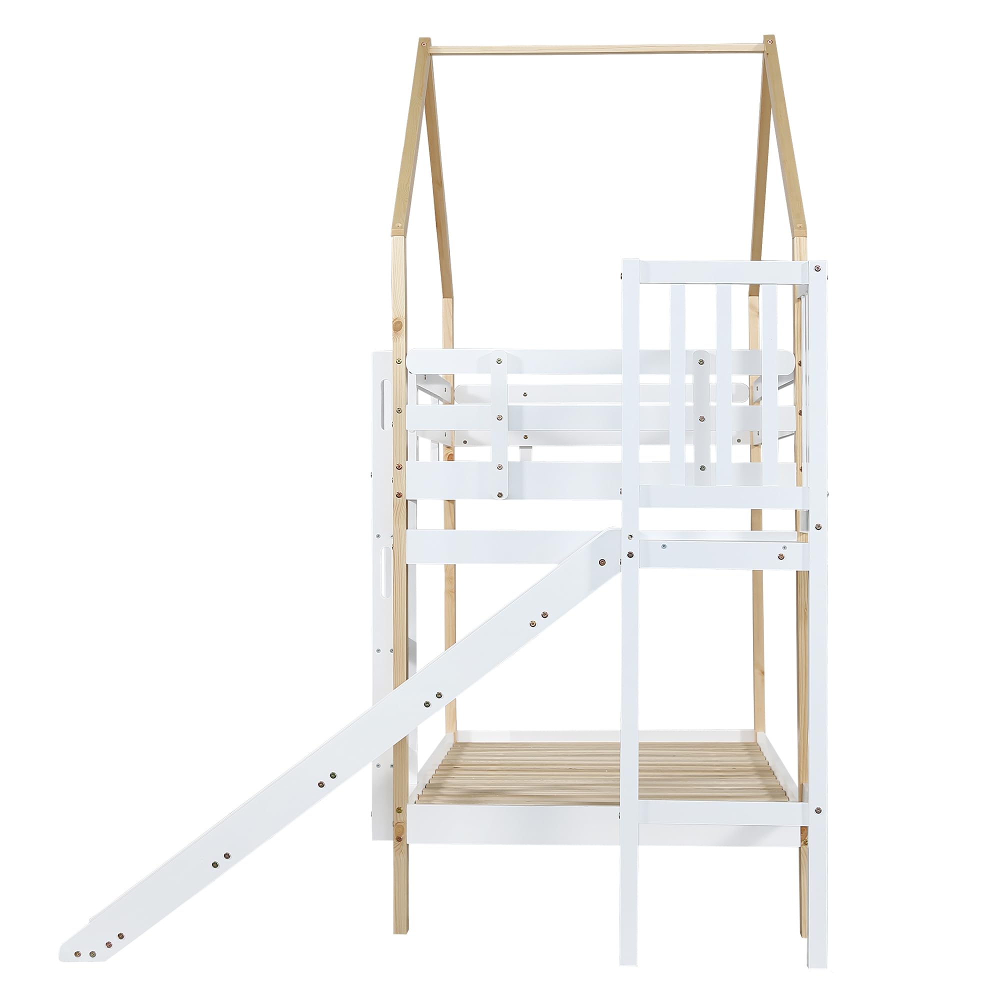 Moimhear Litera con tobogán y escalera angular de tres niveles, cama con protección contra caídas, cuna, marco de cama de madera maciza, color blanco y natural, 90 x 200 cm