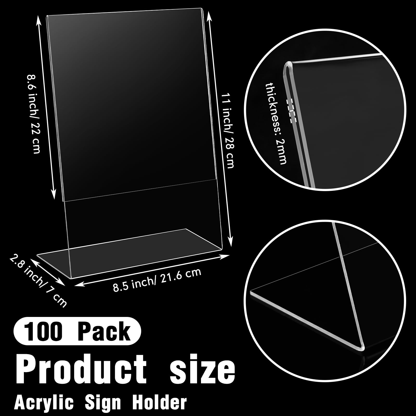 Vicenpal 100 supporti per cartelli in acrilico trasparente, 21 x 28 cm, supporto inclinato per foto, volantini, supporto verticale a forma di L, supporto da tavolo per ufficio e negozio