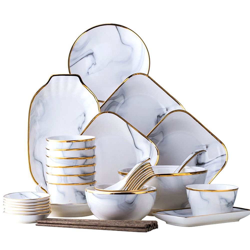 Zestaw naczyń dla 8-10 osób, zestaw talerzy i misek z ceramicznym wzorem marmuru, do kuchenki mikrofalowej i zmywarki, zestaw naczyń z porcelany, 52-częściowy