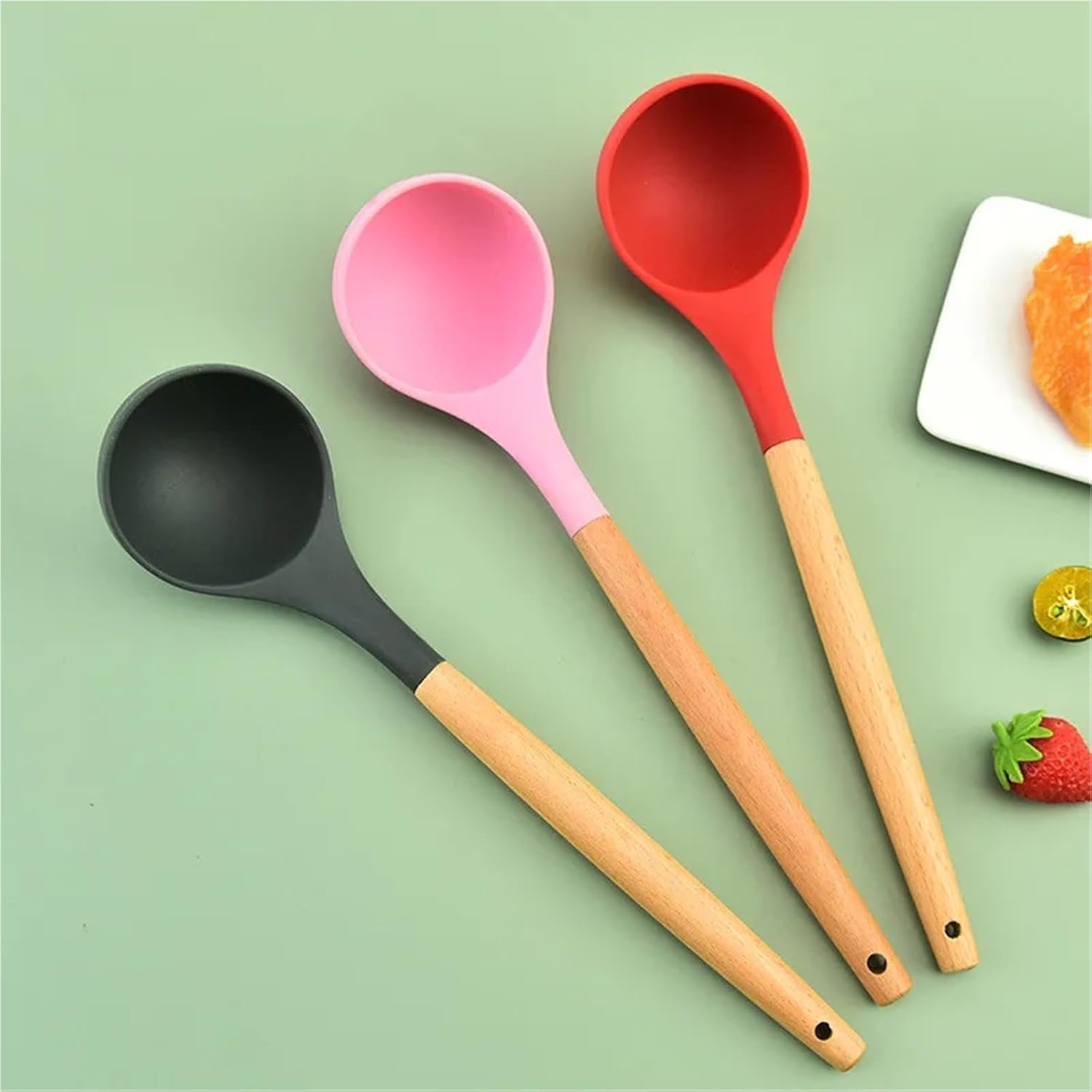 Soup Ladle 1Pcs Round Silicone Wooden Handle Soup Spoon Korean Ramen Noodles Bouillon Cooking Long Ladle Japanese Kitchen Tablespoons Tableware(Long Red)