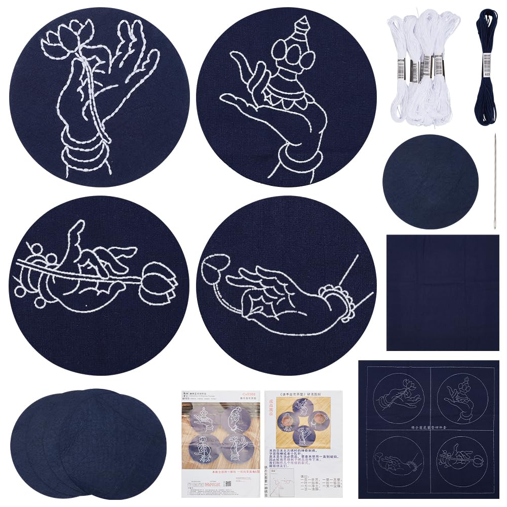 FREEBLOSS 4 Set Sashiko Coasters DIY Kit with Instructions Sashiko Kit for Beginners Buddha's Hand&Lotus Sashiko Embroidery Coasters for Housewarming Gift