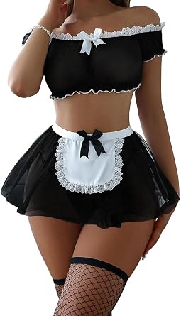 Women Mini Skirt Mesh Sheer Lace French Maid Costume Outfit Sexy Lingerie with Thong Set
