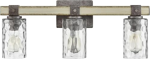 Miniatura 7 de Luces rústicas de tocador de granja para baño sobre espejo, 3 lámparas con cilindros de vidrio texturizado de agua, acabado óxido y madera antigua