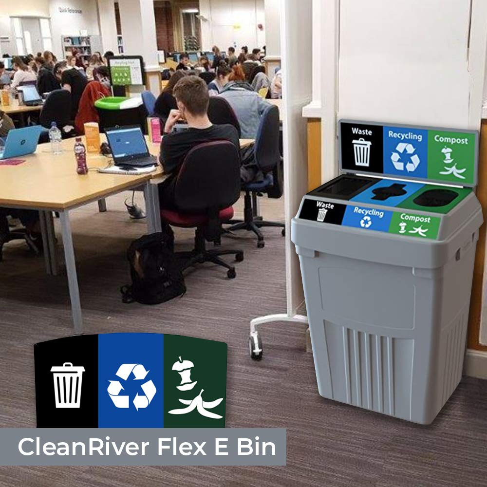 Flex E Bin - 50 Gallons | 3-in-1 Streams | Waste, Recycling, & Compost Basket with Backboard | Grey Color