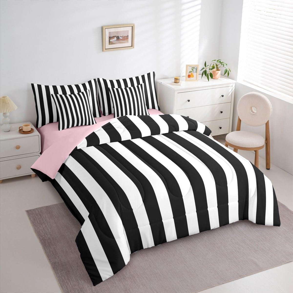 Erosebridal Black and White Striped 7-Piece Bedding Set Full Size | Striped Bed in a Bag Pink and Black Comforter Set with Sheets for Kids Teens Adults Cute Pinstripe Girls Duvet Insert