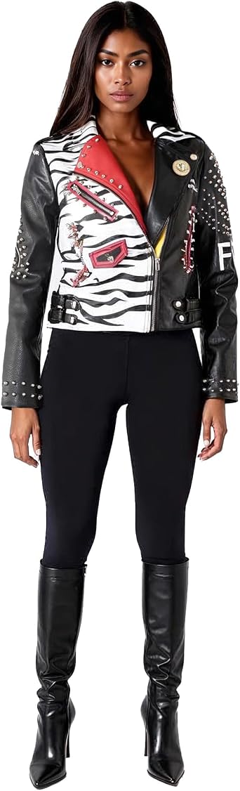 ForHer NYC Womens Moto Faux Leather Jacket, Black/Multi Zebra Print, S-2X, Short Length - 81769