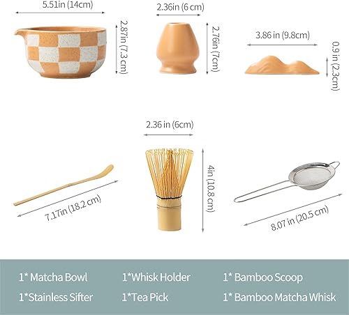 Miniatura 4 de Juego de té Matcha prémium de 7 piezas, estilo tradicional japonés con elegante patrón de rejilla, incluye batidor de bambú, cuenco de cerámica,