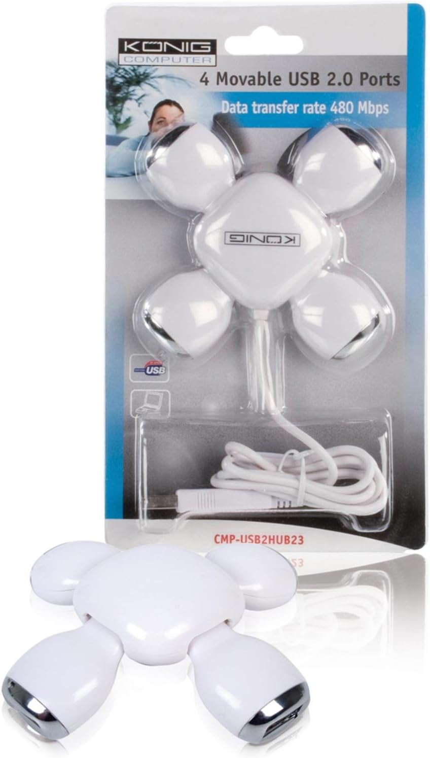 Konig 4-Port Foldable USB 2.0 Hub - White