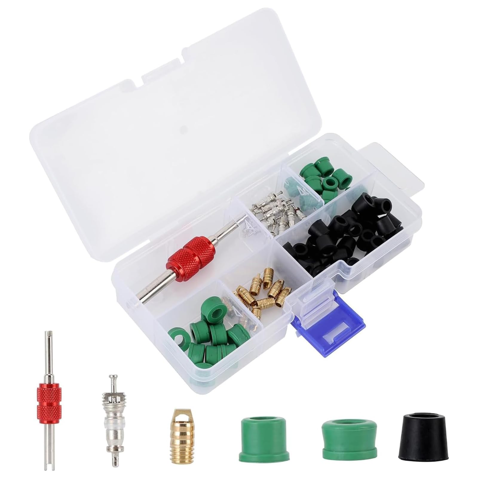 Akozon Kit Riparazione Aria Condizionata Auto 71pezzi, 10 Nuclei Valvola + 50 Guarnizioni Fruste + 10 Valvole, Kit Guarnizioni Condizionamento con Strumento Universale