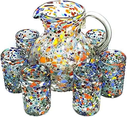 MexHandcraft Confetti Rocks 120 oz Pitcher and 6 Drinking Glasses set, Recycled Glass, Lead-free, Toxin-Free (Pitcher & Glasses)