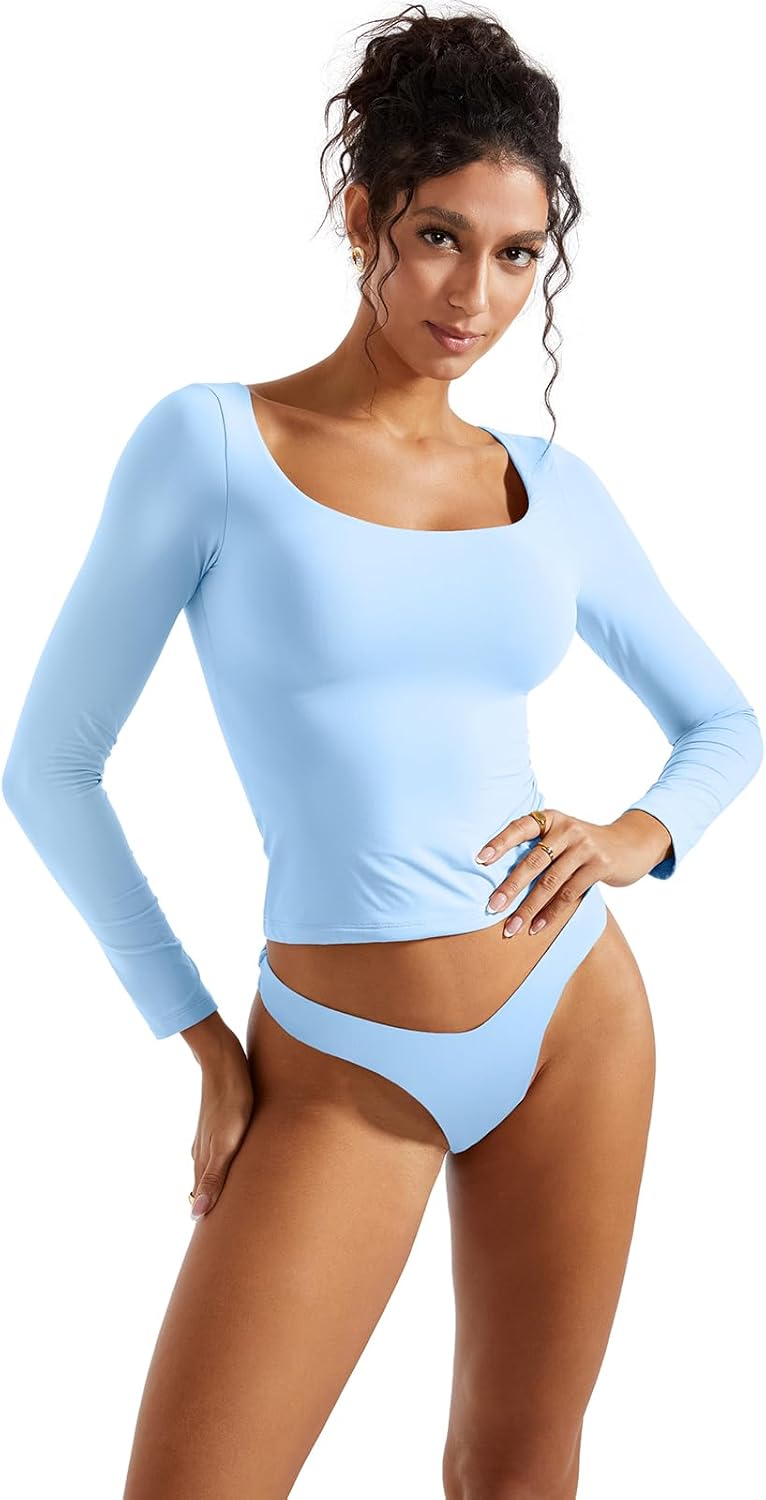 SUUKSESS Women Double Lined Fitted Basic T Shirts Scoop Neck Long Sleeve Crop Top - Image 2