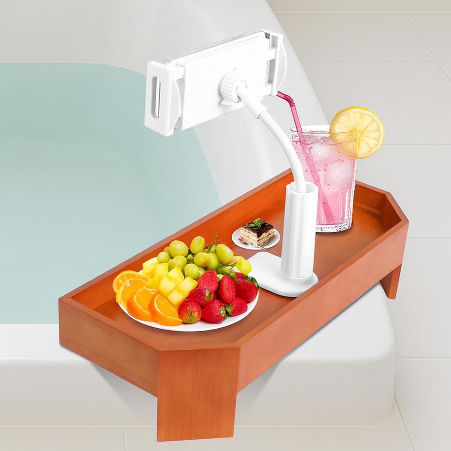 Premium Bamboo Hot Tub Tray Table with Non-Slip Adjustable Phone Holder, Tub-Side Drink Holder for Spa, Bath Caddy Tray for Adults with Cup Slot & Relaxing Accessories